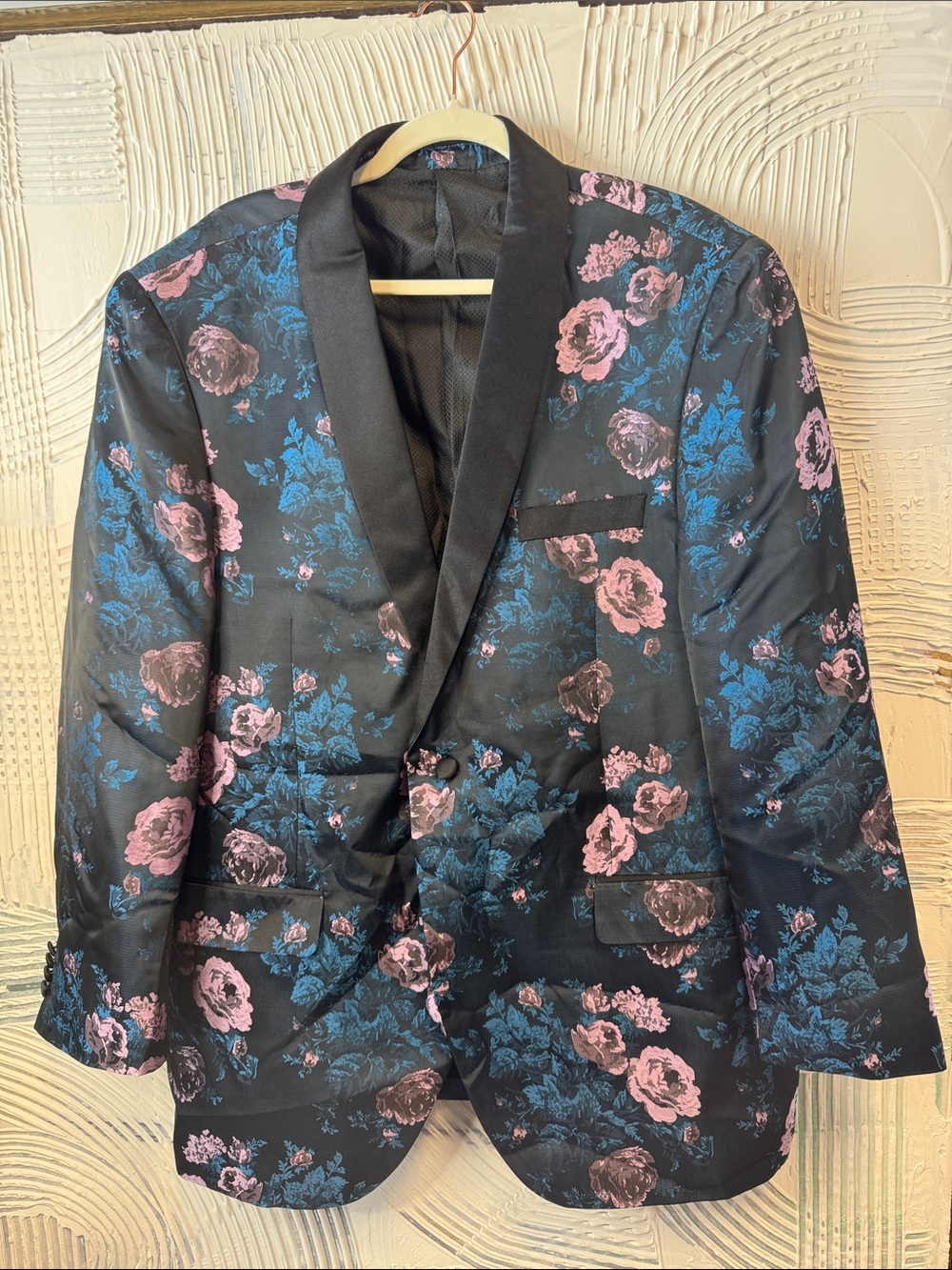 Black Floral Satin Sport Coat with Blue & Pink Accents